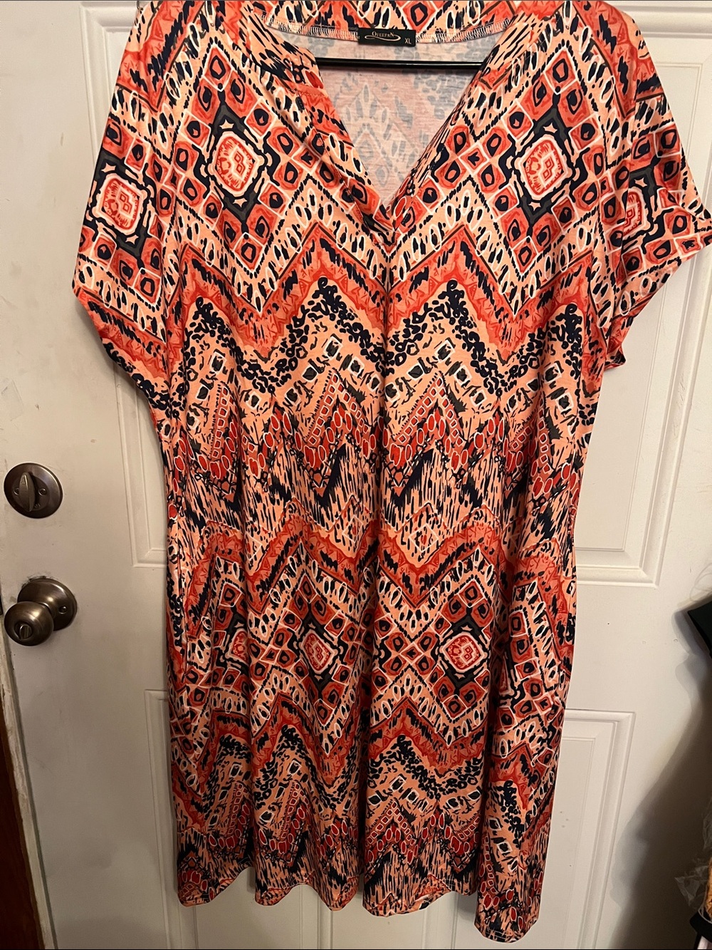 Women's V-Neck Printed Shift Dress in Coral and Navy